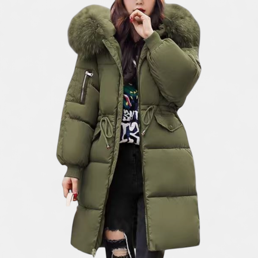 Olive long puffer coat with matching faux fur hood and zip front