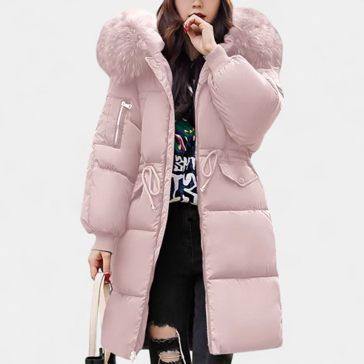Pink long puffer coat with soft faux fur hood and drawstring waist