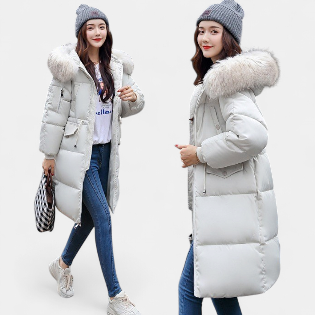 Women's long puffer coat in white with faux fur hood, quilted winter coat