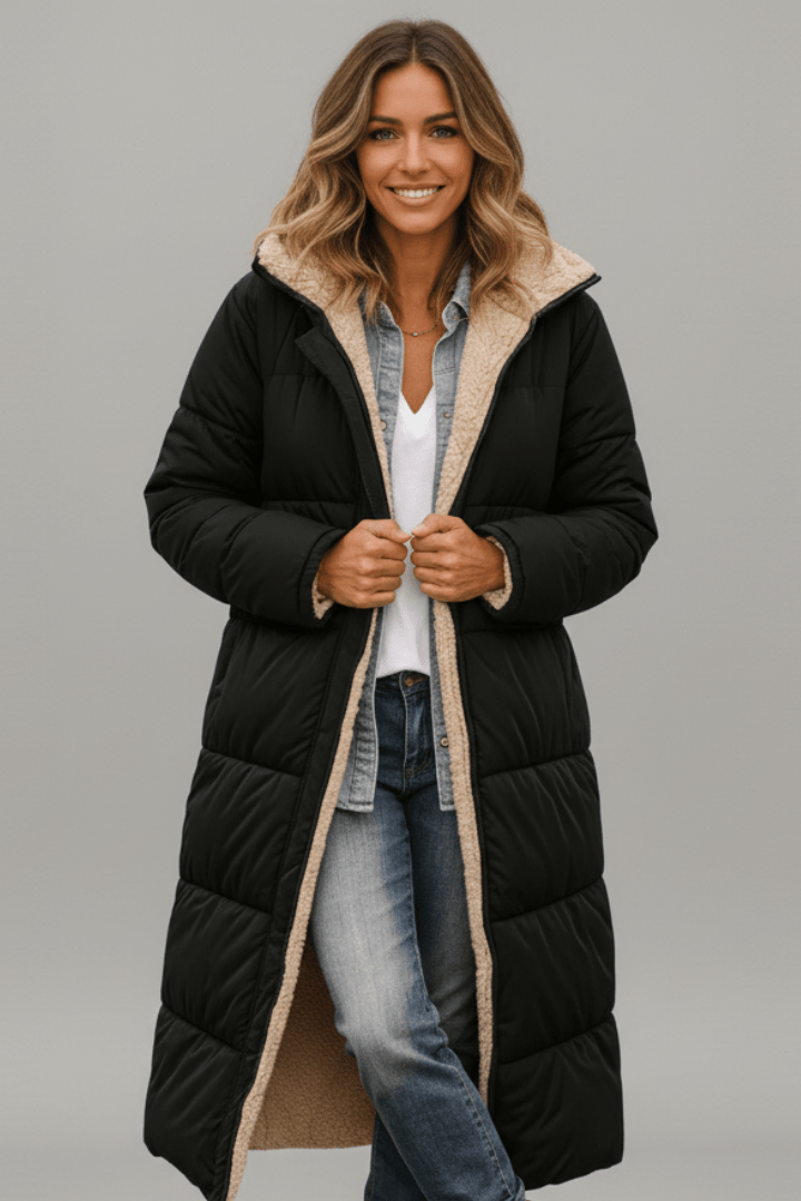 Women's black long puffer coat, front view on a model