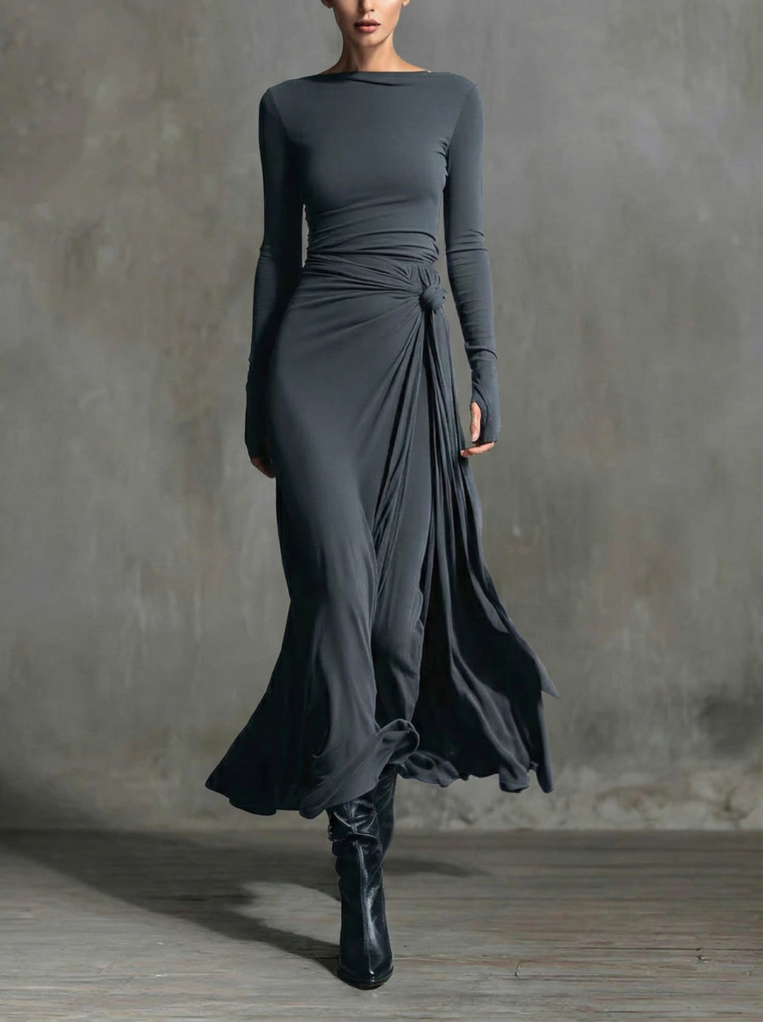 Women's Long Sleeve Maxi Dress | Crew Neck with Draped Side Knot