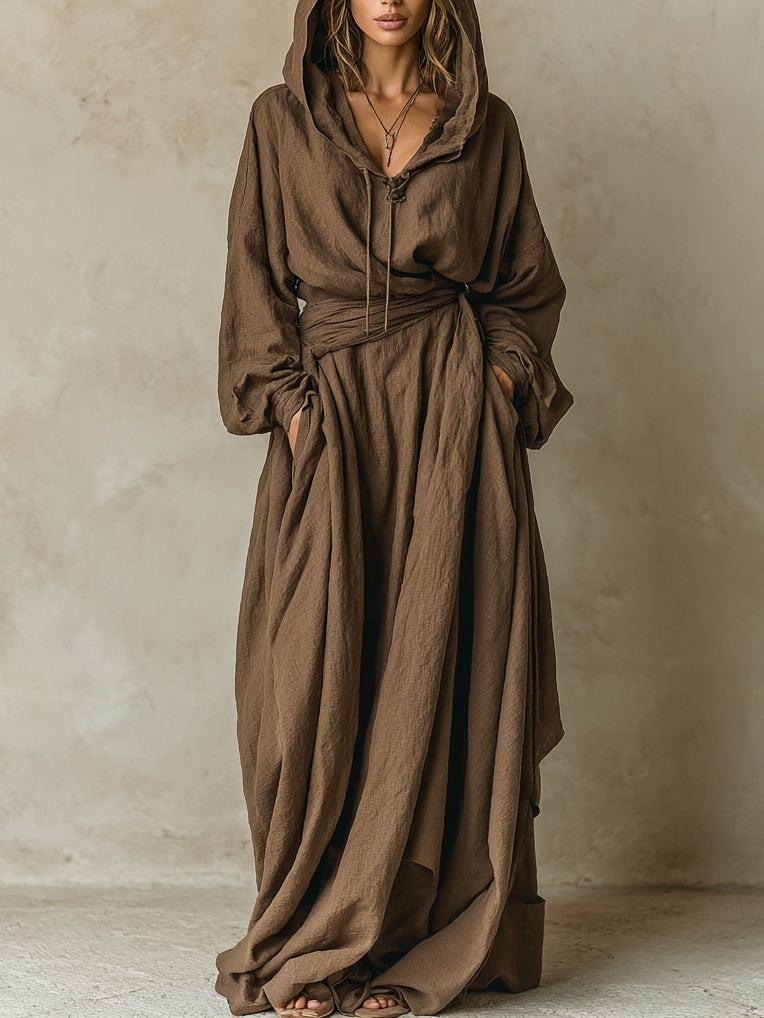 Women's Long Sleeve Maxi Dress | Hooded Loose Fit with Tie Waist
