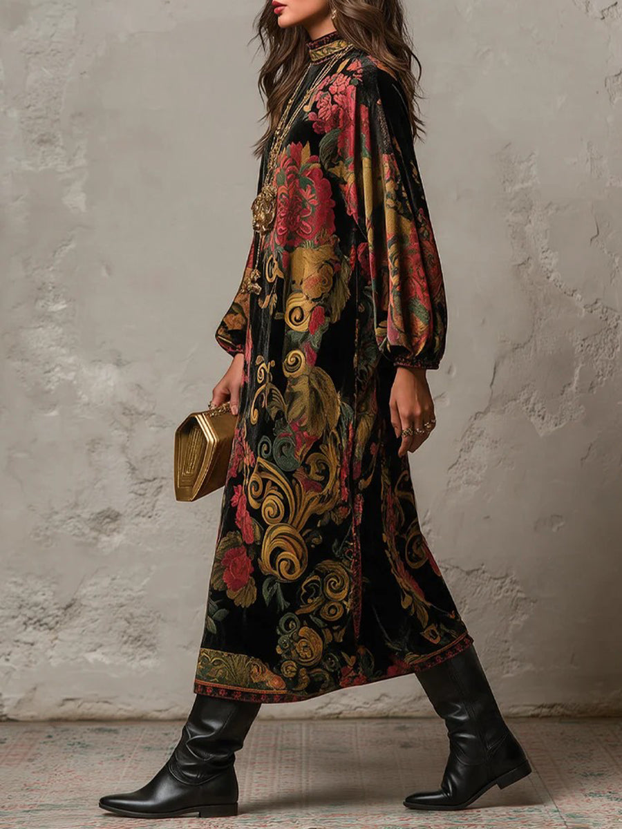 Side view of the floral midi dress worn with knee-high boots and a gold clutch