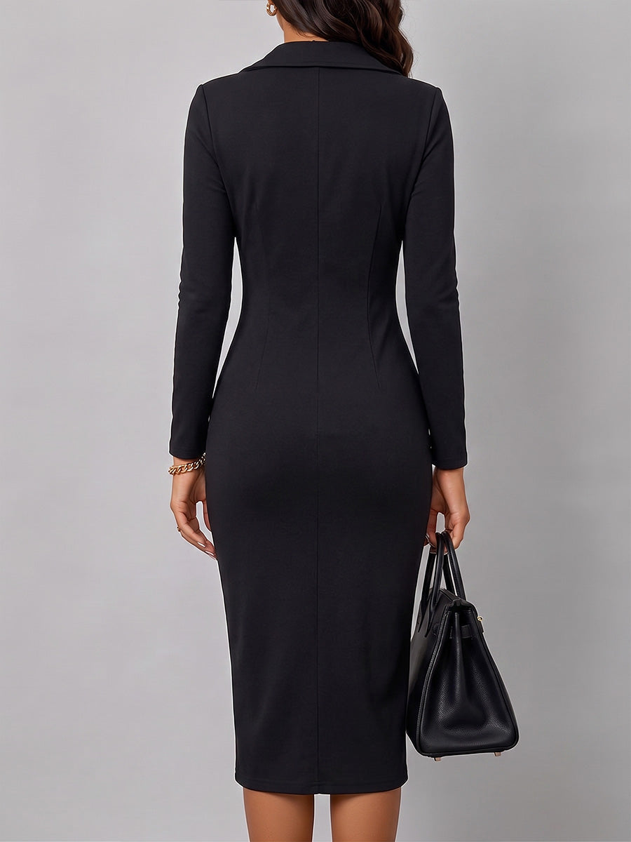 Back view of the black bodycon dress falling below the knee
