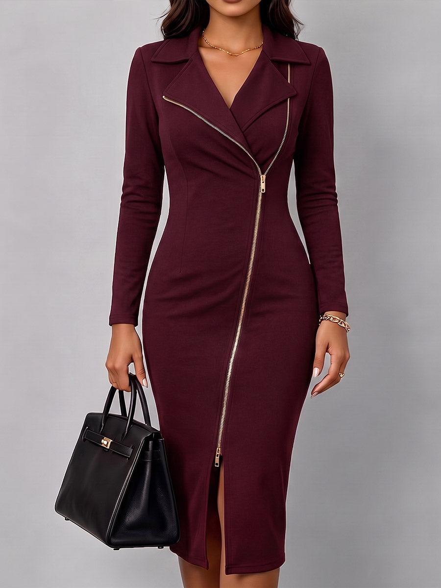 Burgundy zip-front dress with front slit, styled with a black tote