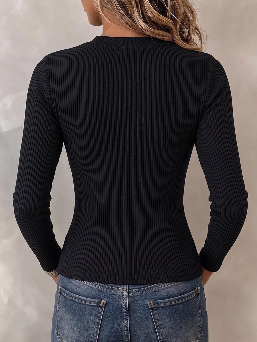 Back of the black ribbed top, plain and close fitting
