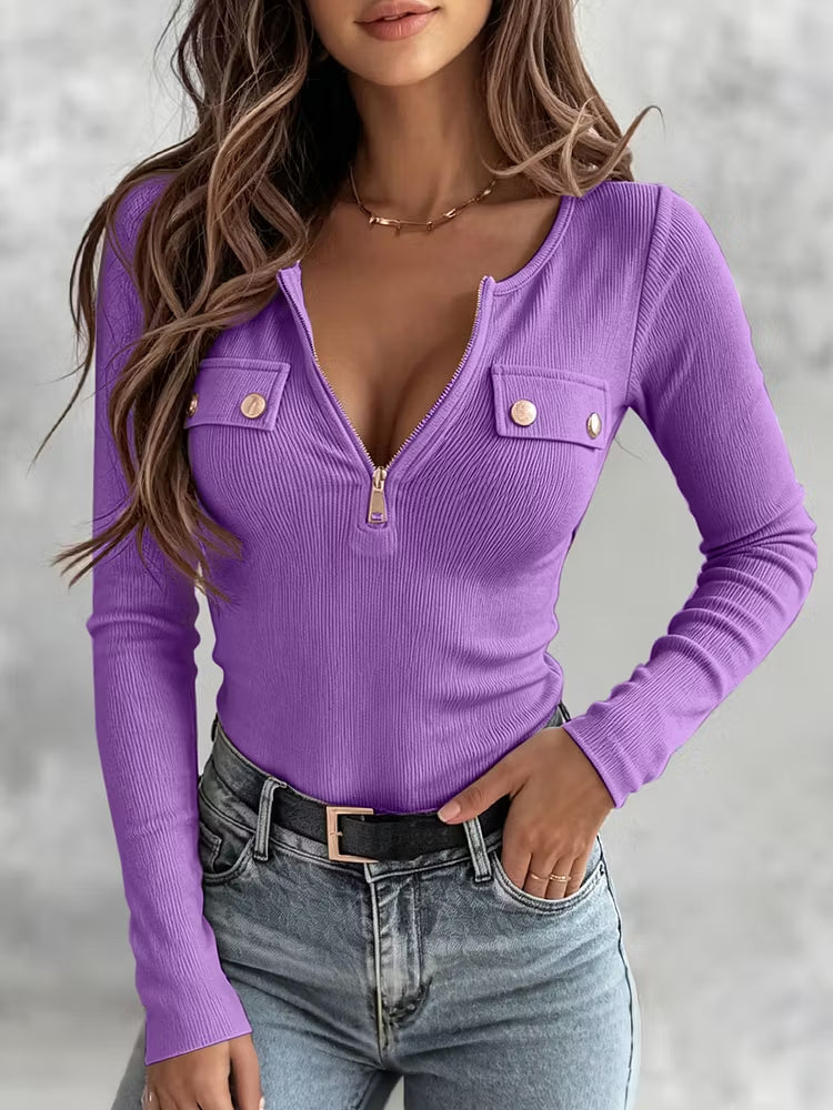 Purple rib knit top with zip opened into a V neckline
