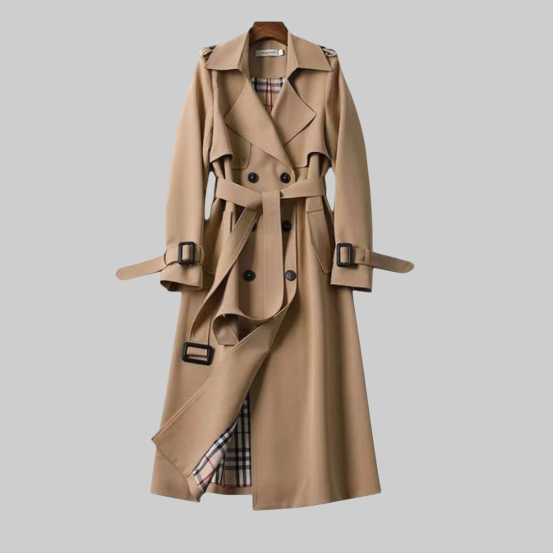 Women's beige belted long trench coat, front view