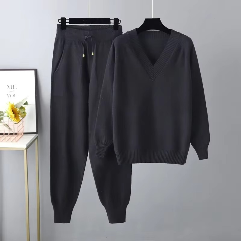 Women's black knit lounge set, sweater and pants set view