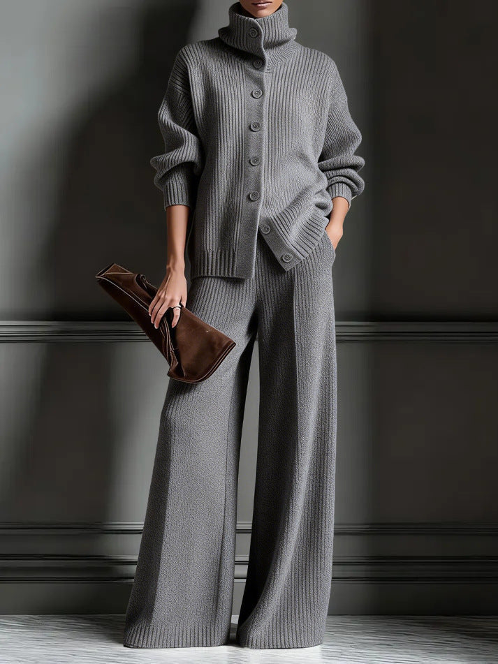 Gray knit cardigan and wide-leg pants set, full-length view