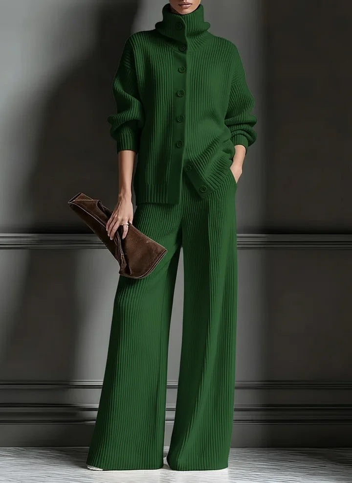 Green turtleneck cardigan set with straight wide-leg pants