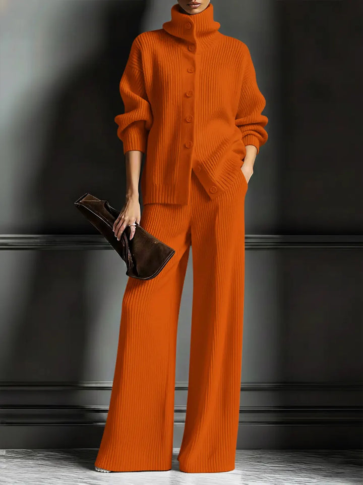Orange turtleneck cardigan and matching wide-leg pants