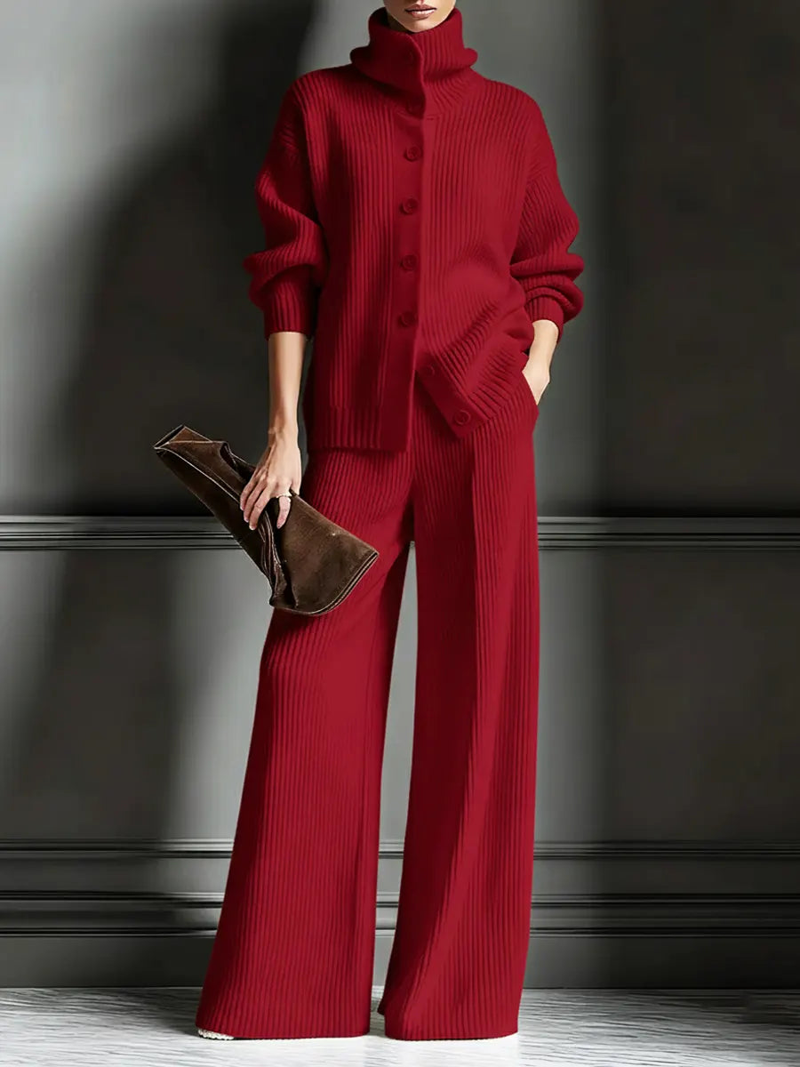 Red ribbed knit set with tall collar cardigan and floor-length pants