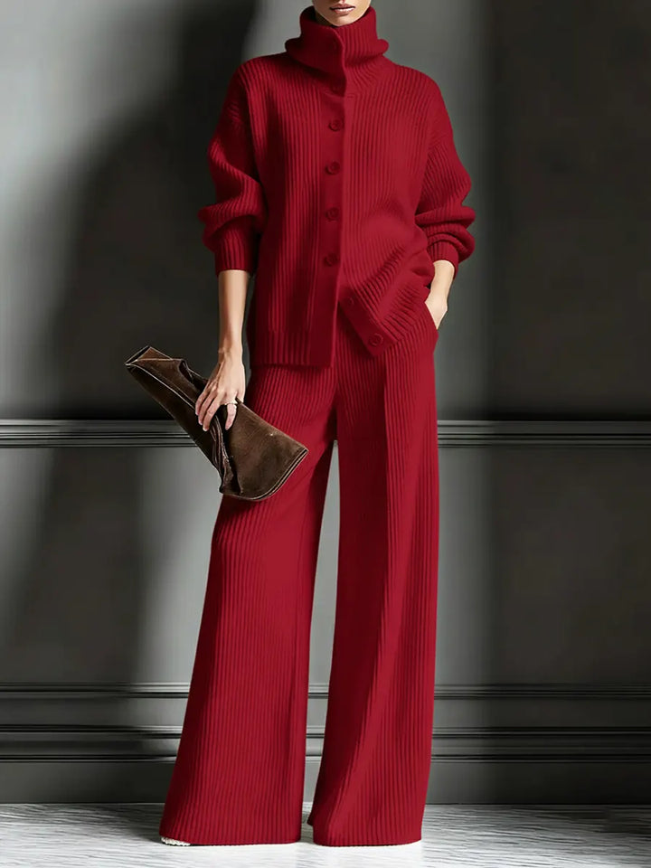 Red ribbed knit set with tall collar cardigan and floor-length pants