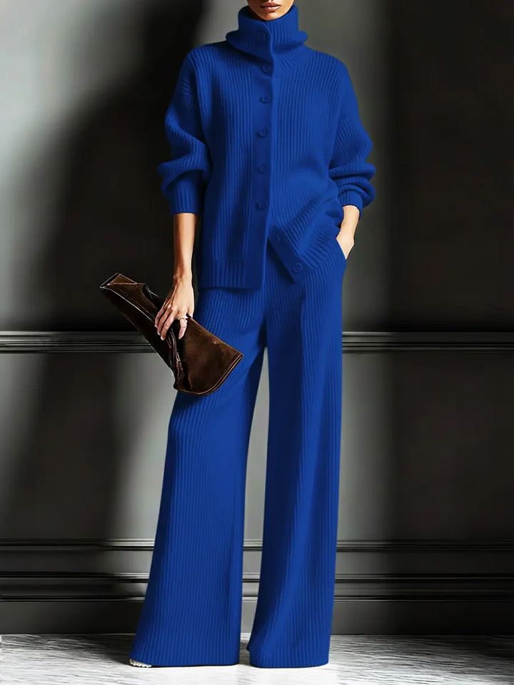 Royal blue turtleneck cardigan and wide-leg pants set