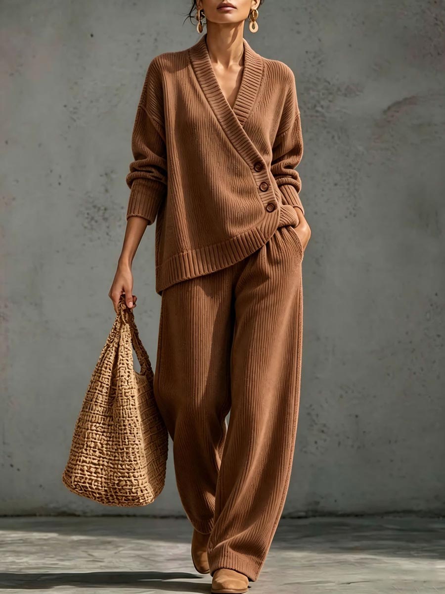 Brown crossover V-neck sweater and matching wide-leg pants