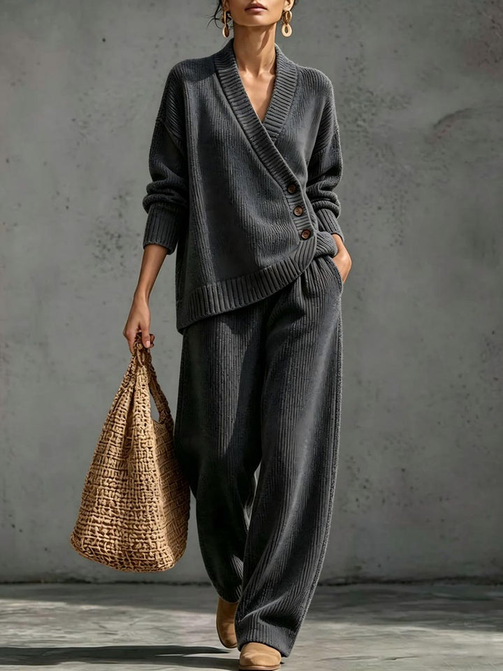 Charcoal ribbed loungewear set worn with suede-look loafers