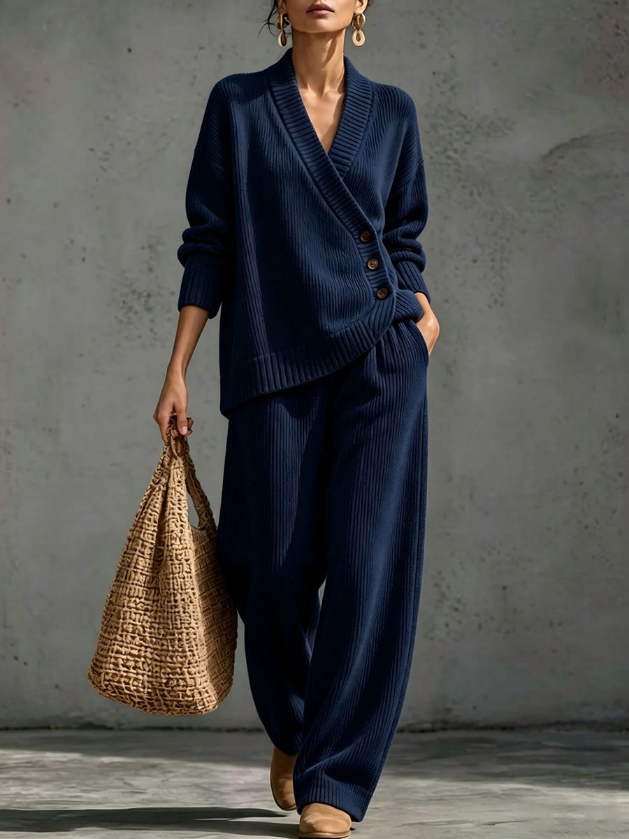 Navy two-piece knit set with buttons at the side
