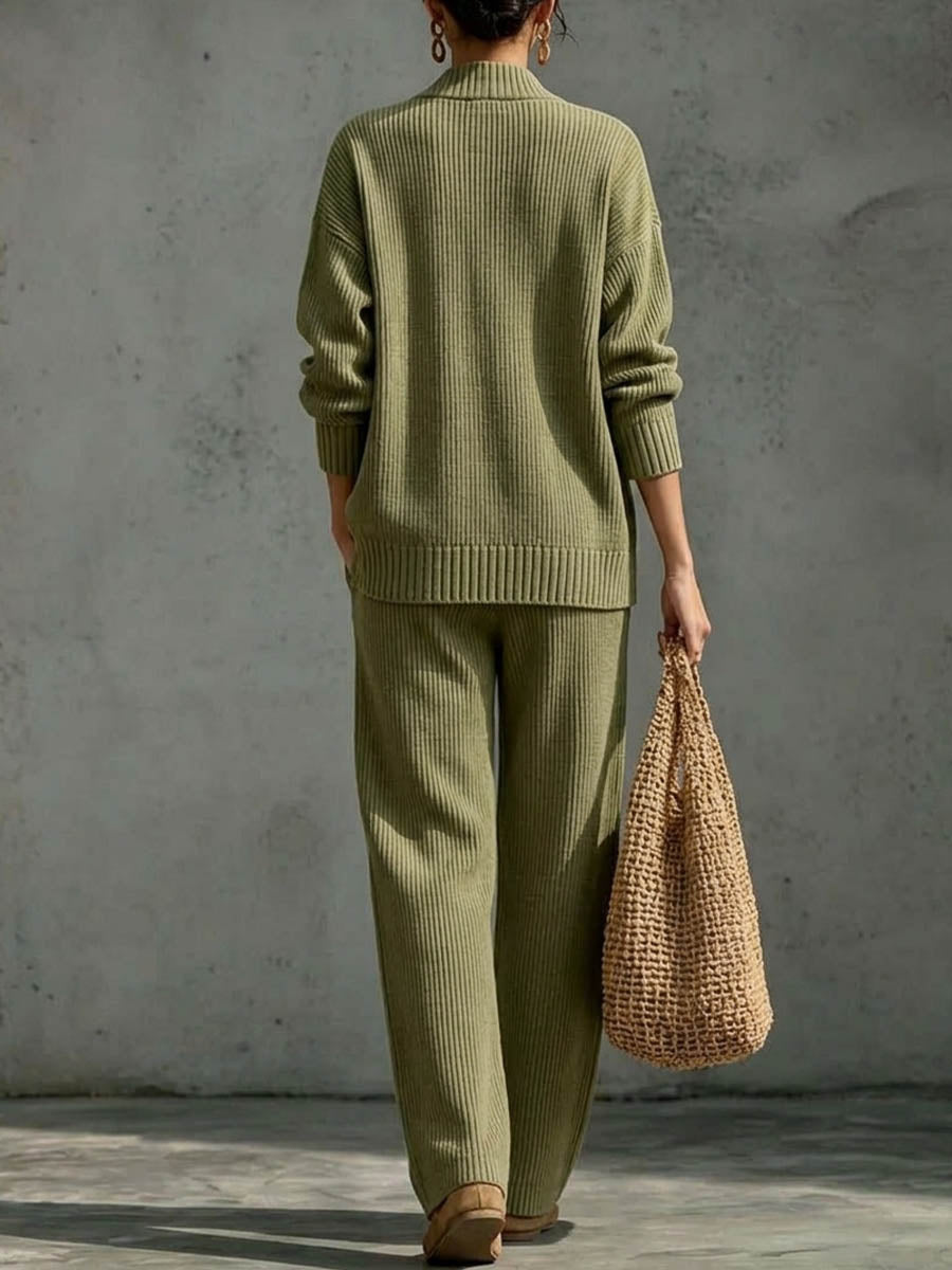 Back view of the olive ribbed knit set with straight wide-leg pants