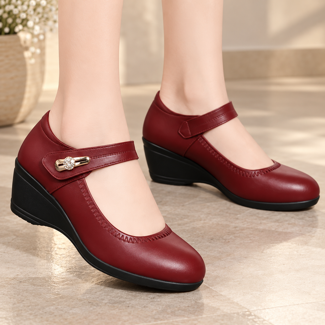 Women's Mary Jane Shoes | Low Wedge with Hook and Loop Strap