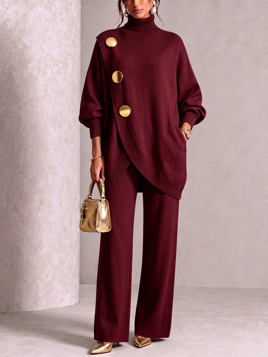 Women's matching set in burgundy, turtleneck sweater and wide leg pants