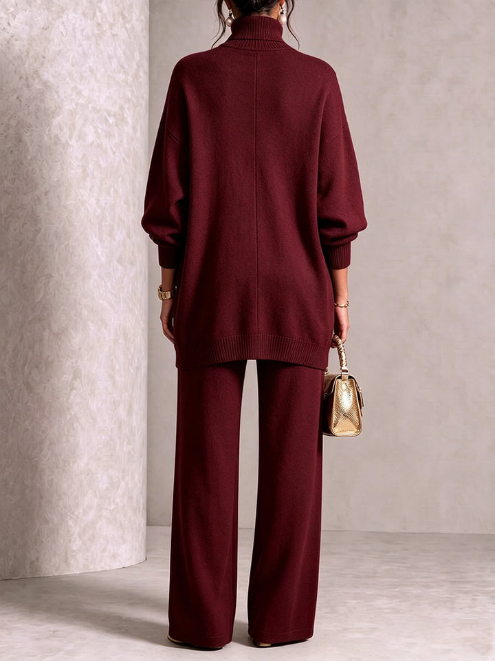 Burgundy knit set seen from the side