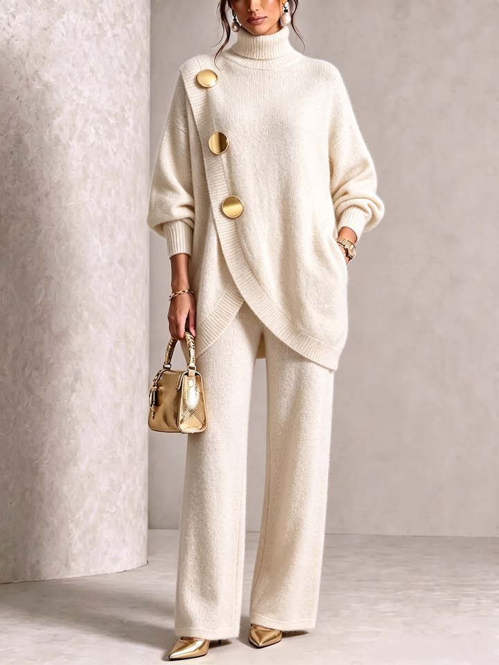 Cream turtleneck sweater set with wide leg pants