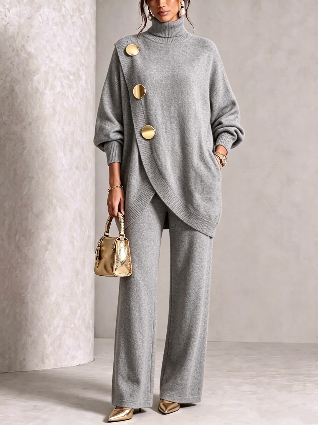 Gray knit set with wide leg pants