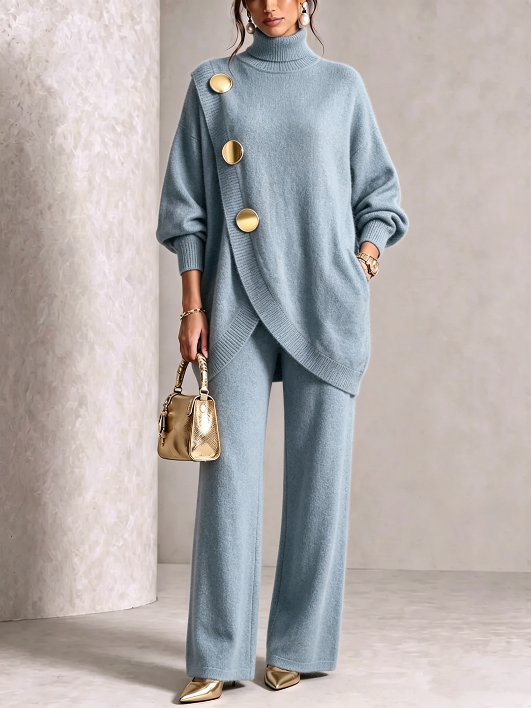 Light blue sweater set with gold tone buttons