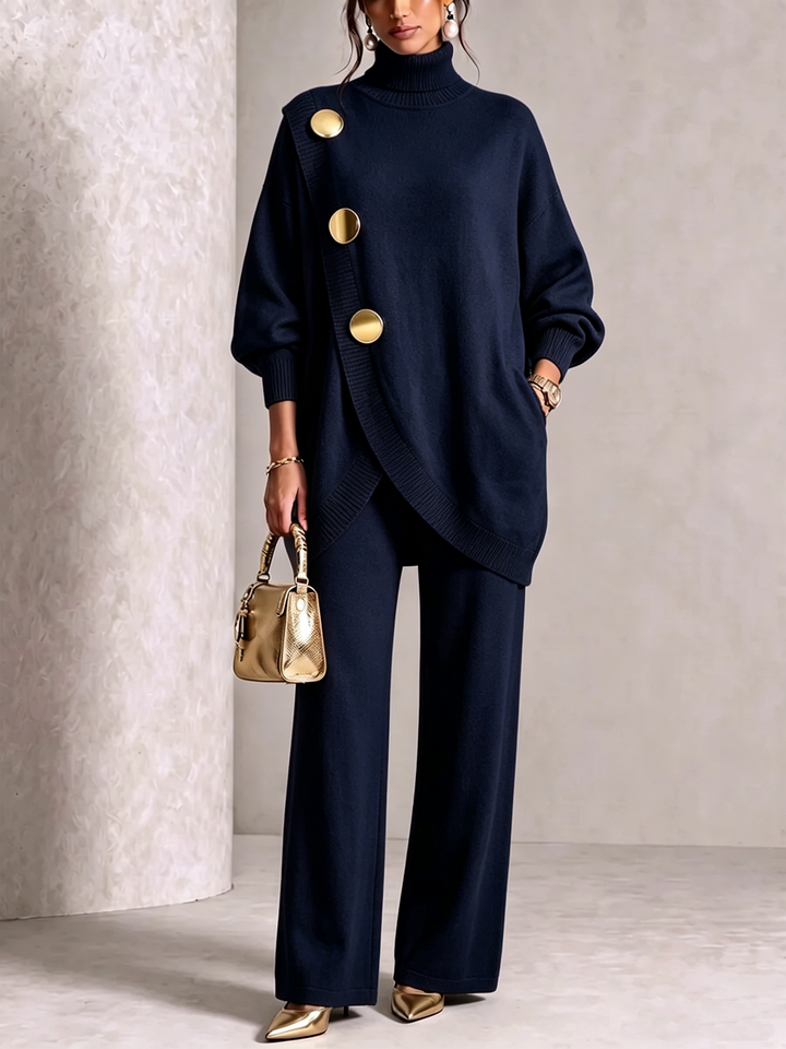 Navy turtleneck sweater and wide leg pants