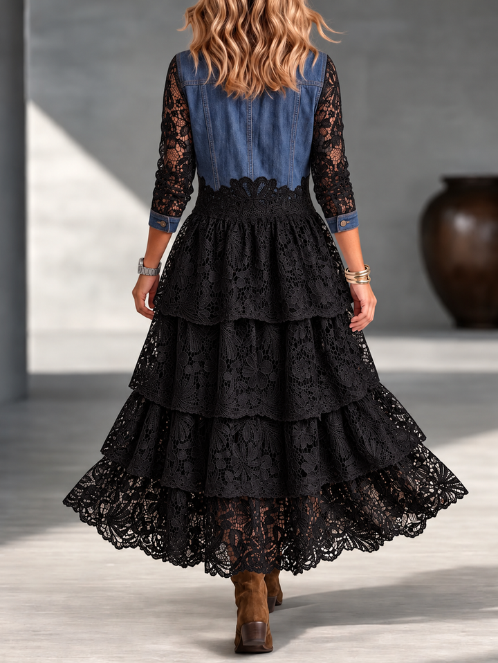 Back view of the black dress showing three tiers of floral lace