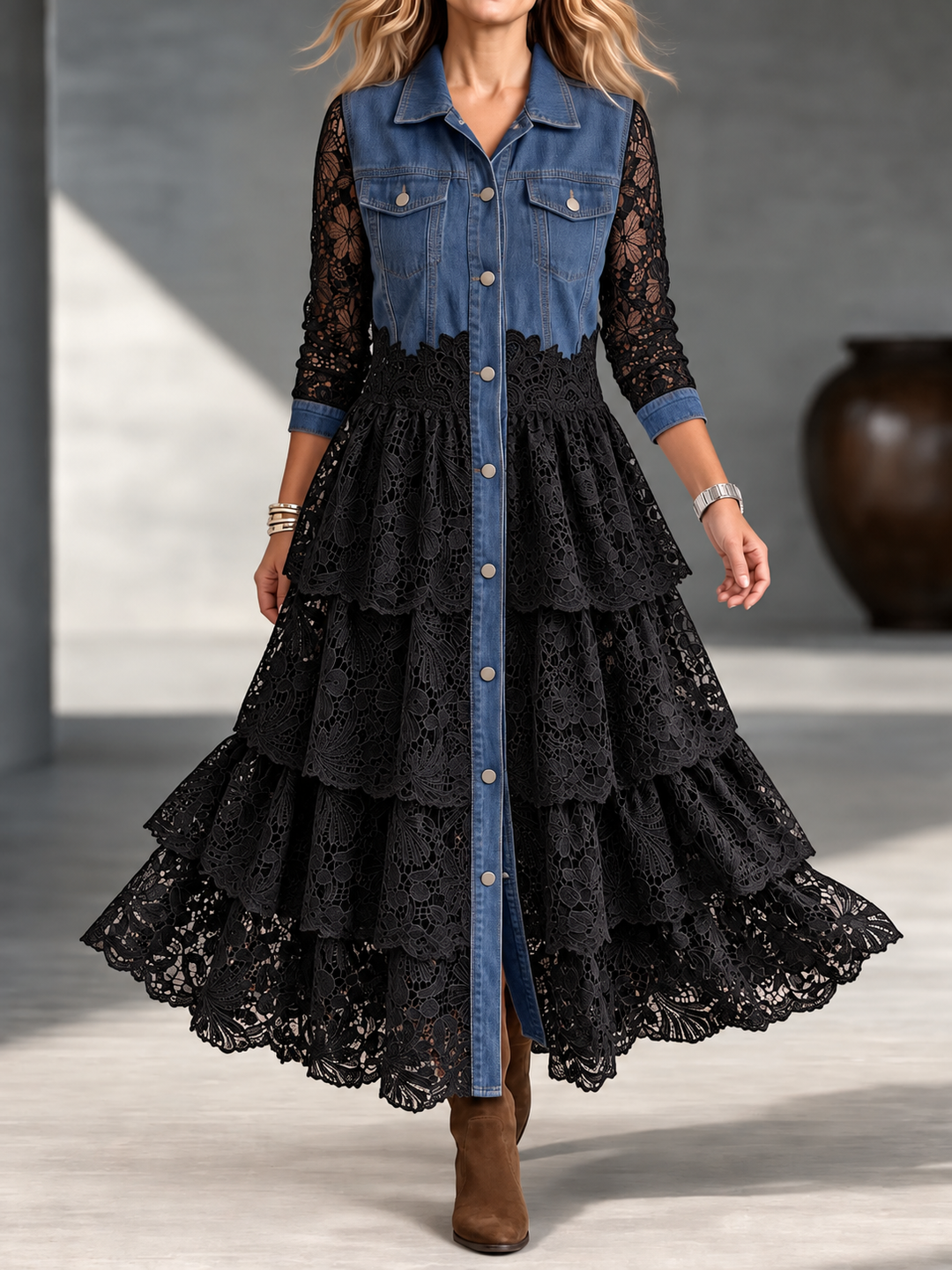 Black lace dress fully buttoned from collar to hem