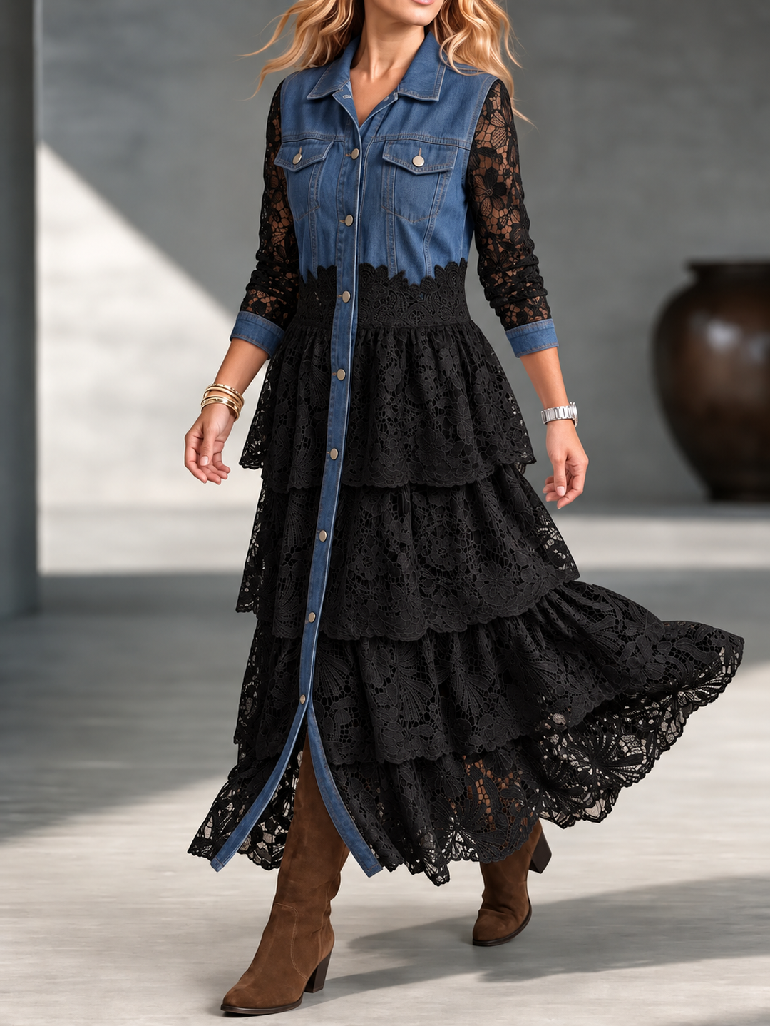 Black tiered lace maxi dress with denim-look bodice, worn with brown boots
