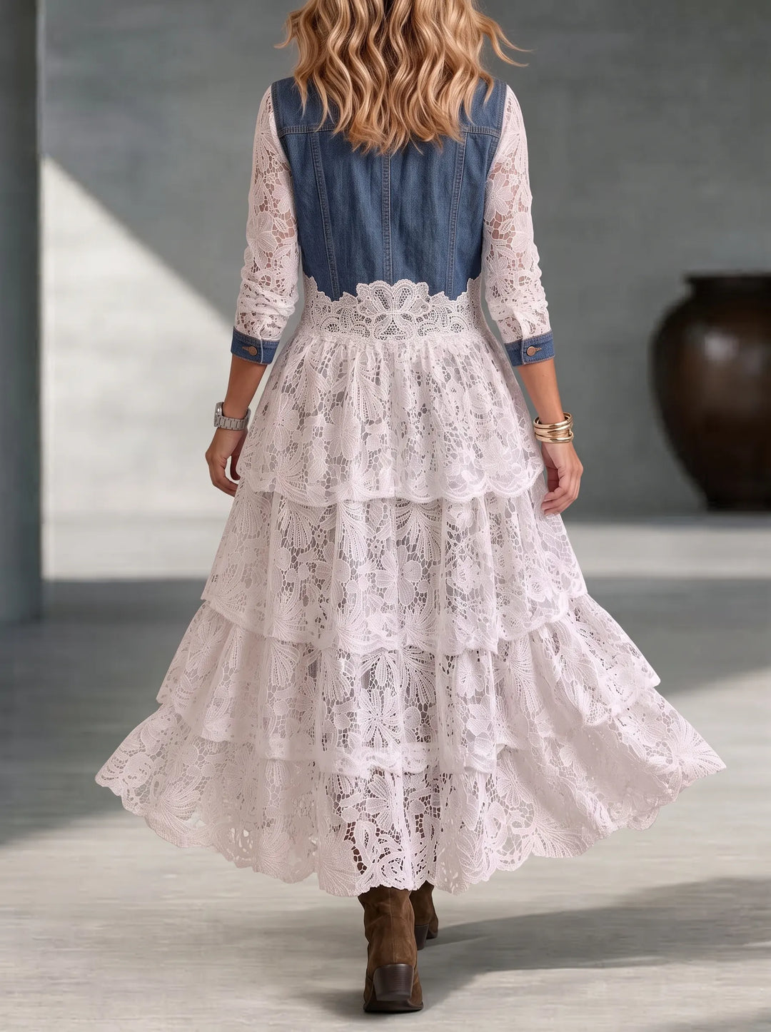 Back view of the white lace dress with denim-look bodice and lace sleeves