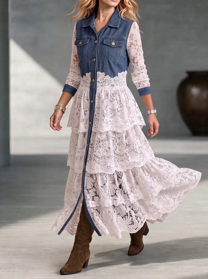 White lace dress worn open at the bottom over western boots
