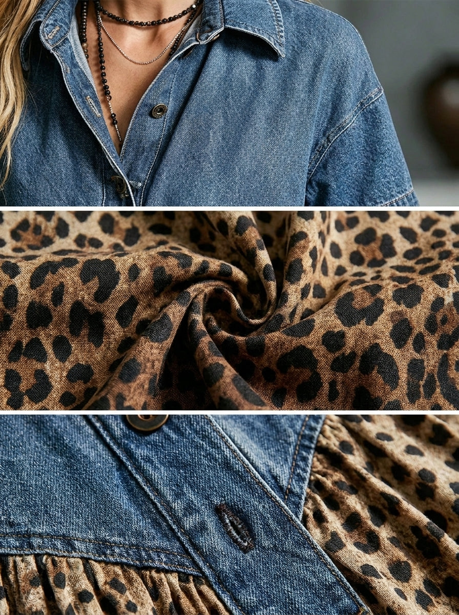 Close-up of the collar, buttons and soft leopard print fabric