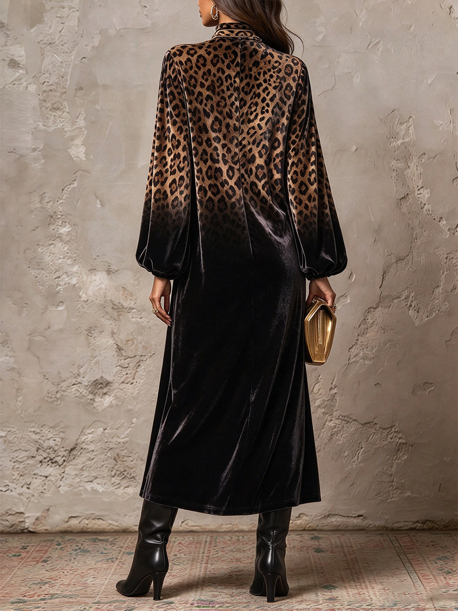 Back view of the leopard maxi dress fading into black at the hem