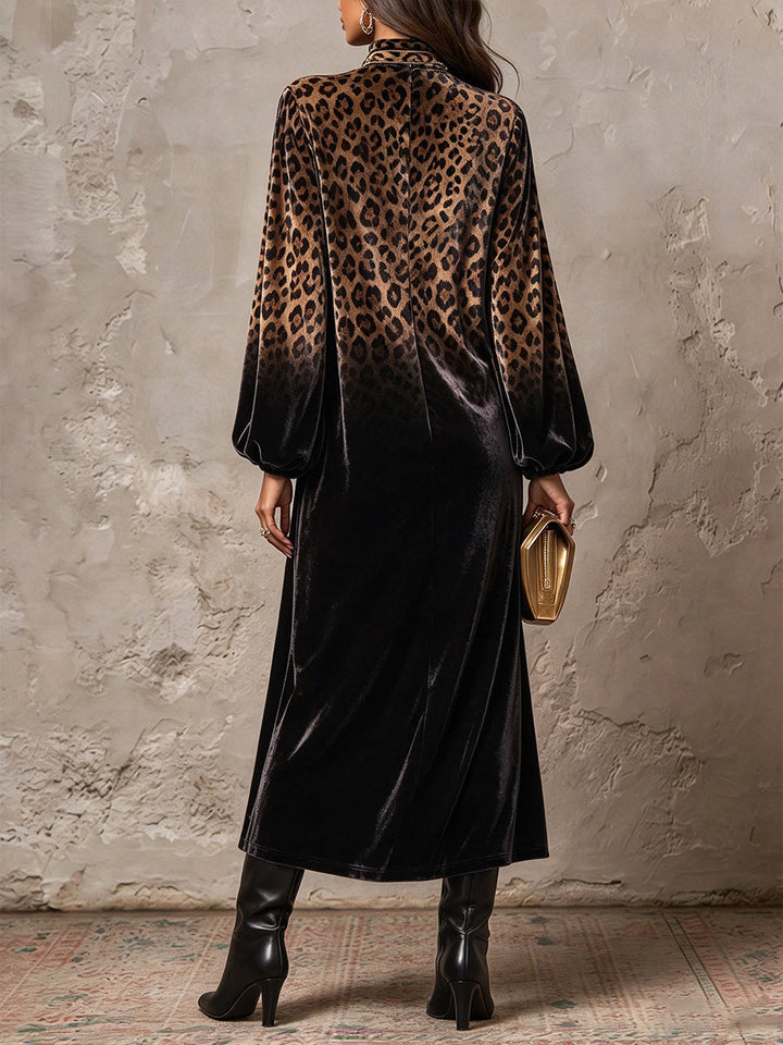 Back view of the leopard maxi dress fading into black at the hem