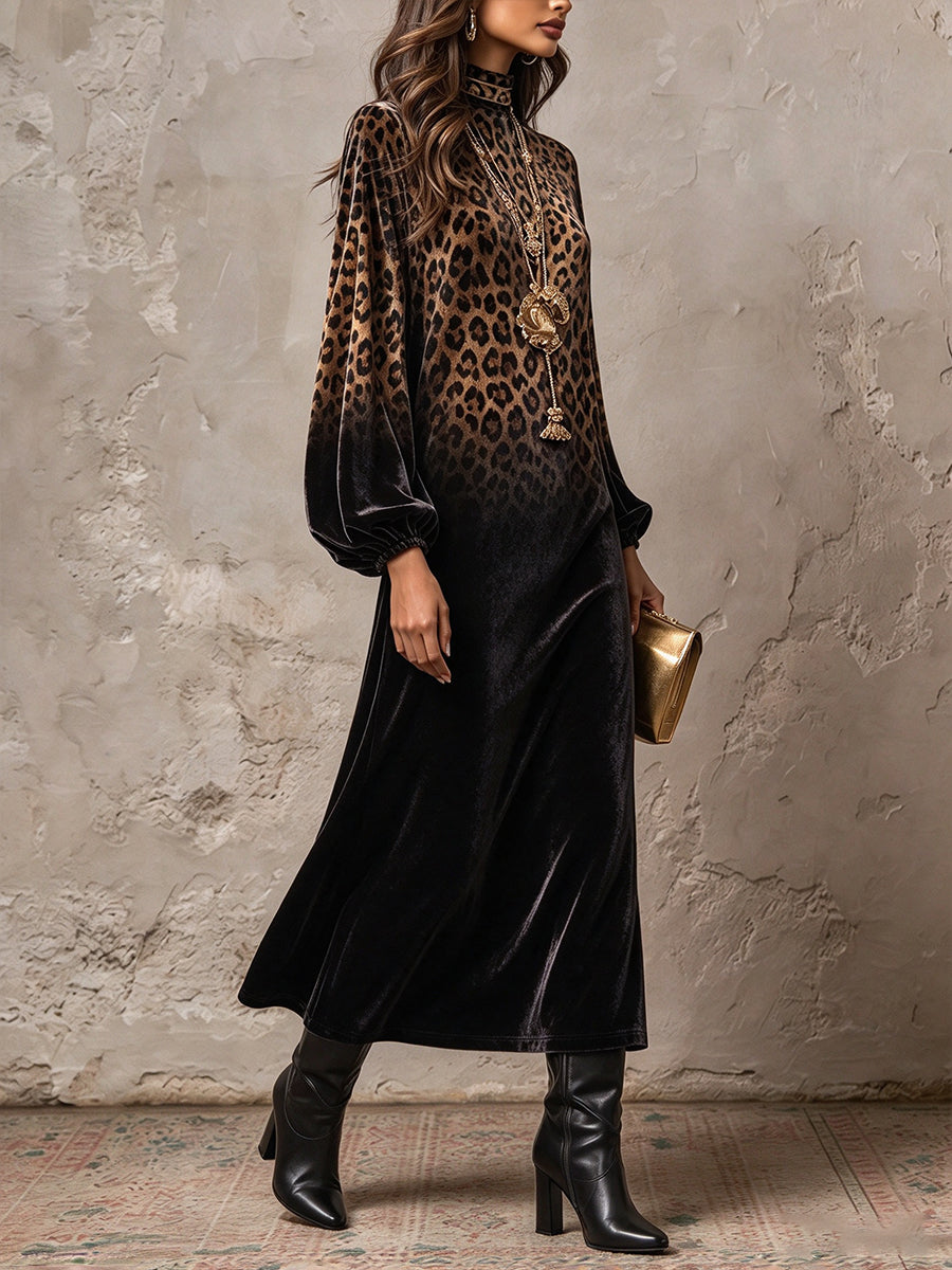 Side view of the velvet-look maxi dress with gathered cuffs and heeled boots