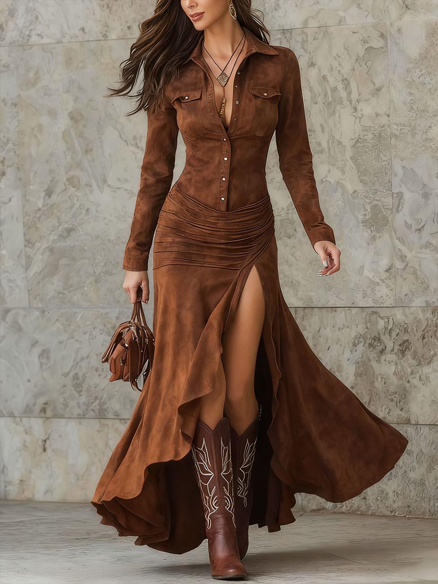 Cognac shirt style maxi dress with chest flap pockets worn with western boots