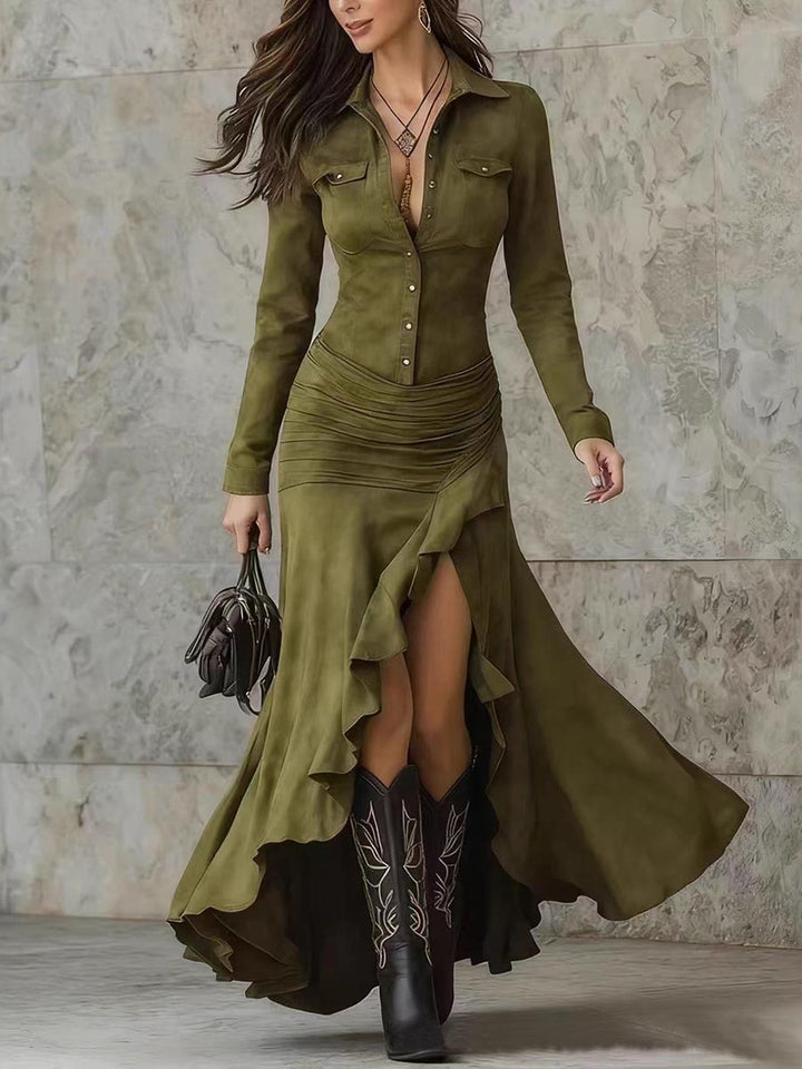 Olive suede-look maxi dress with ruched hips, styled with a fringed bag