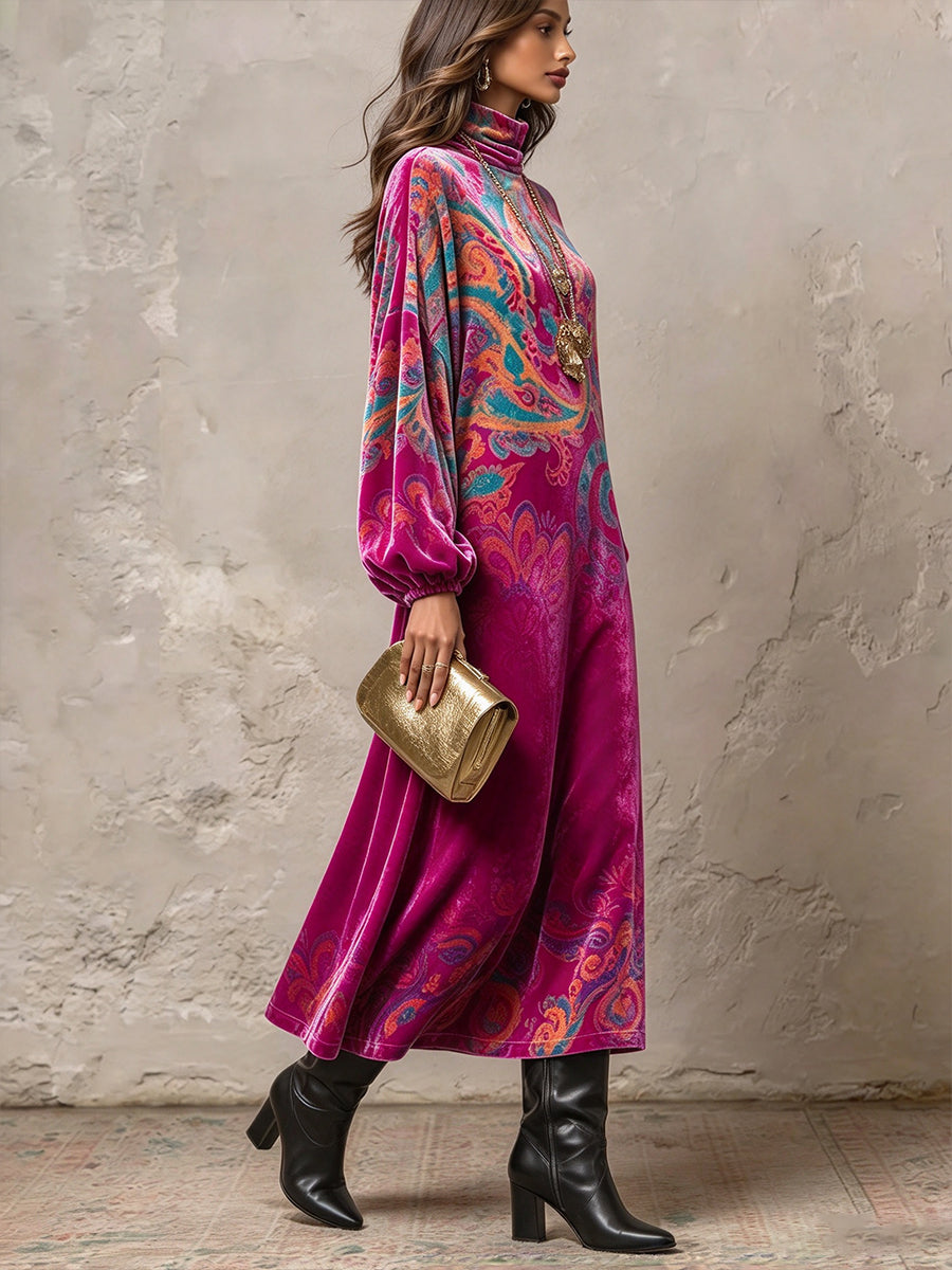 Side view of the fuchsia dress showing the side slit and fluid drape