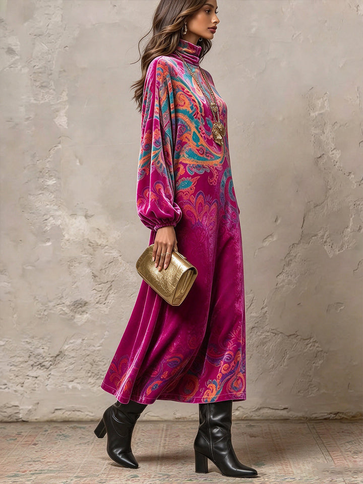 Side view of the fuchsia dress showing the side slit and fluid drape