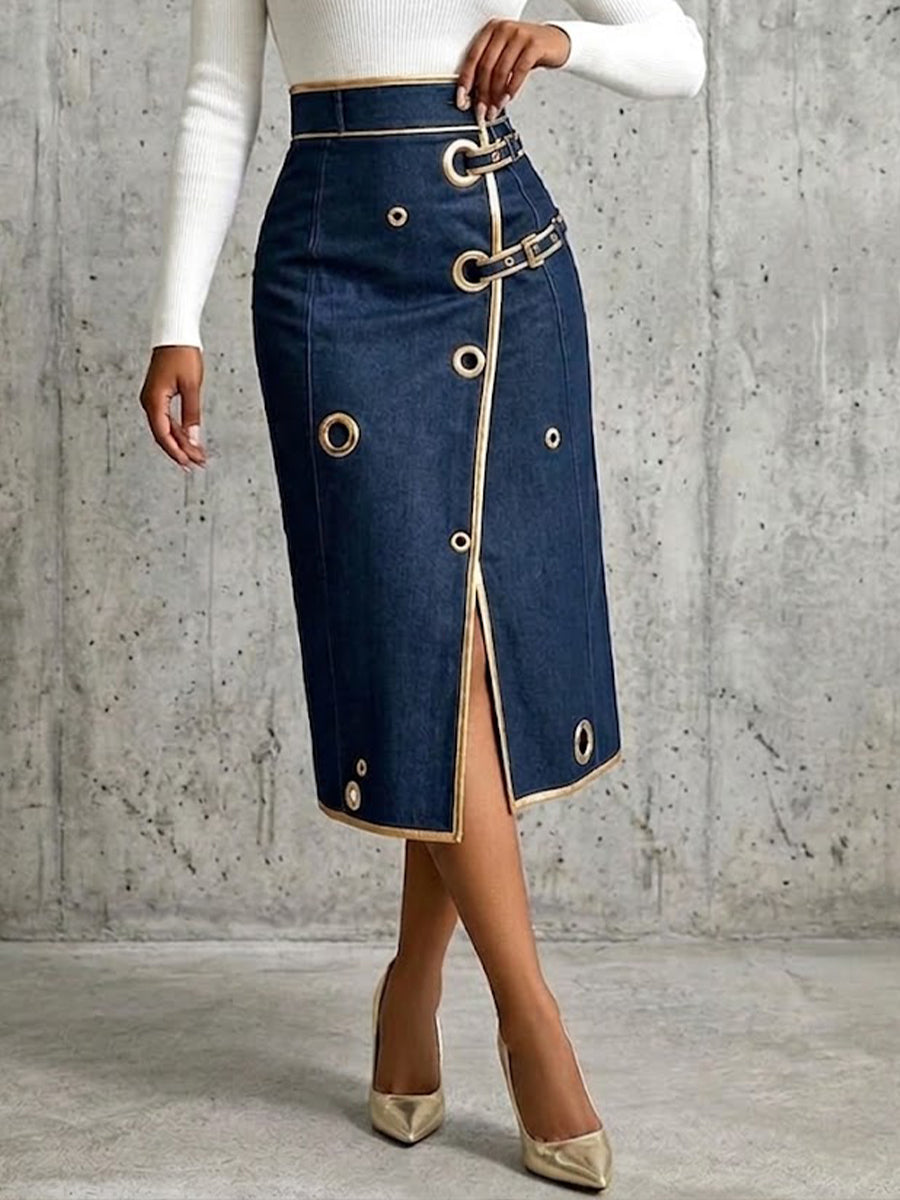 Women's midi skirt in dark blue denim-look with gold piping, eyelets and front slit