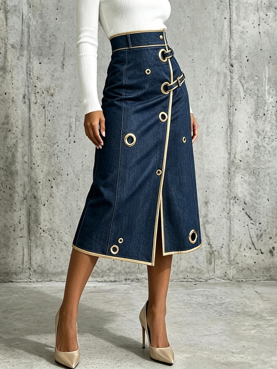 Three-quarter view of the wrap skirt with buckle straps at the waist
