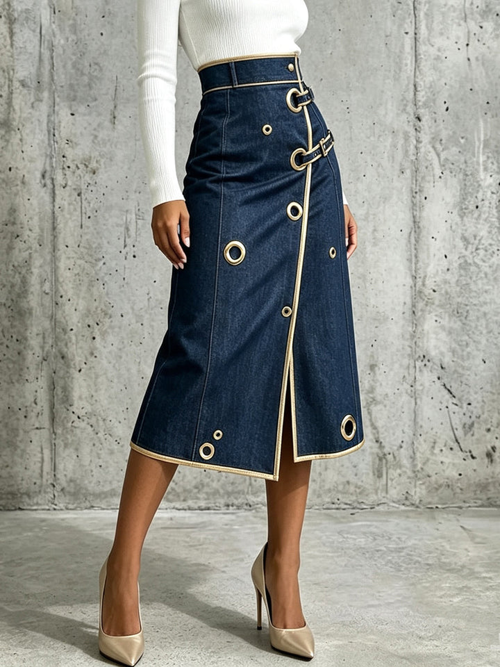 Three-quarter view of the wrap skirt with buckle straps at the waist
