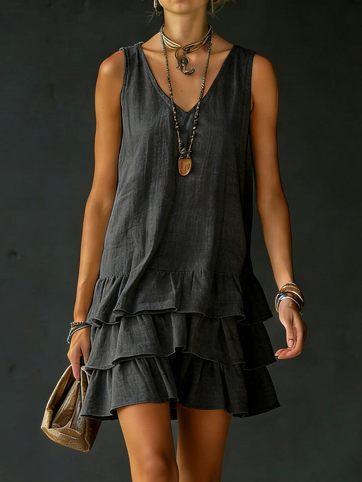 Charcoal V neck dress with relaxed fit and three ruffle layers