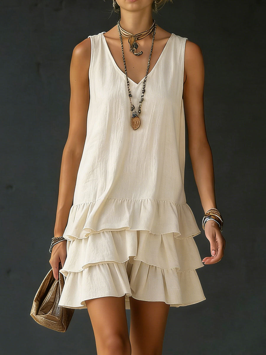 Cream tiered ruffle dress worn with a long pendant necklace