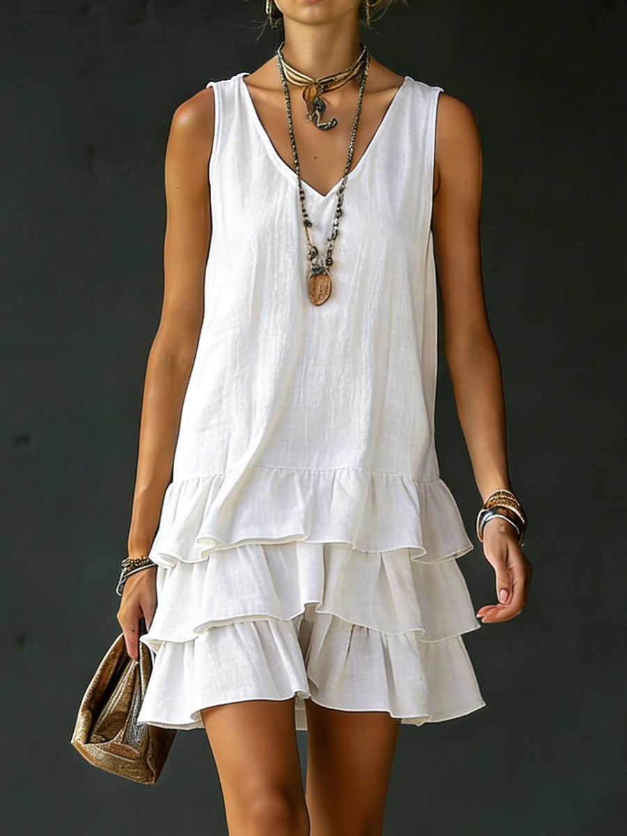 Women's mini dress in white, sleeveless with V neck and tiered ruffle hem
