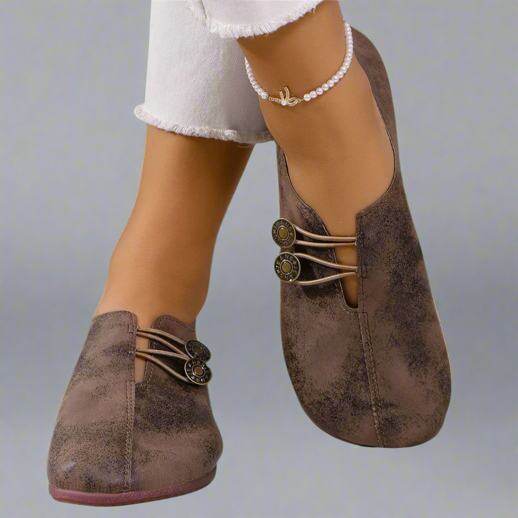 Women's moccasins in dark brown, soft barefoot style with button laces